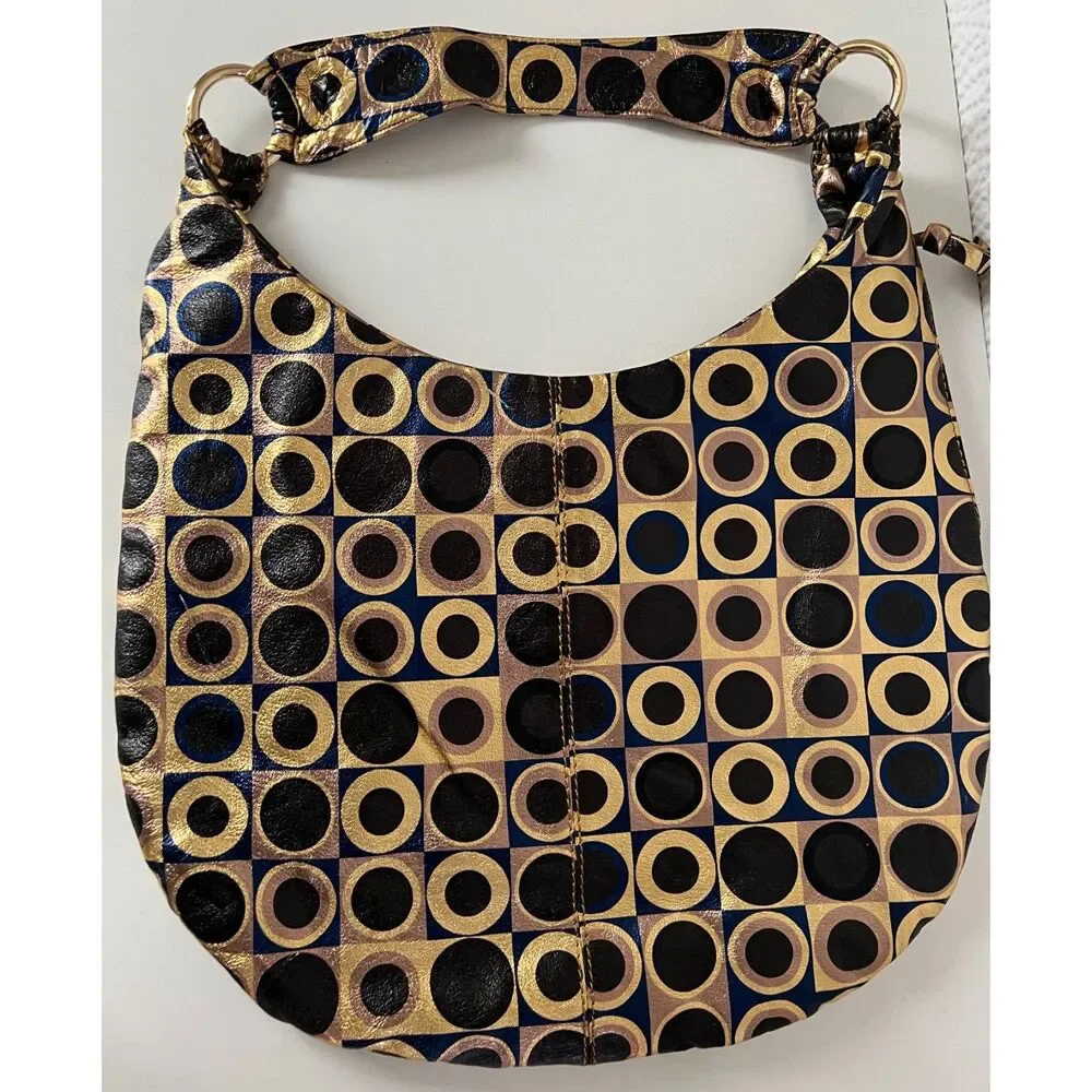 Vintage Hobo Gabor blue, black and gold metallic hobo-style/slouchy shoulder bag